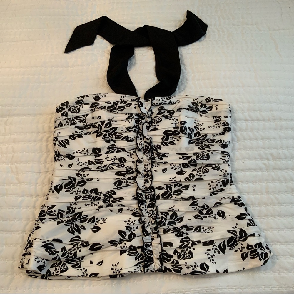 White House Black Market Black & White Silk Halter Top Size 6